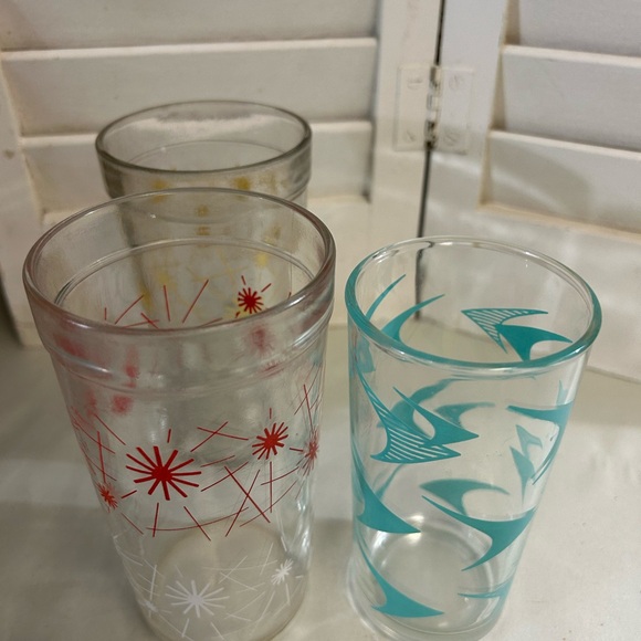 3 Vintage 50s 60s atomic drink glass Starburst Boomerang Teal Red Yellow MCM - Picture 6 of 16